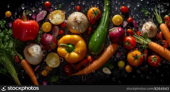 Seamless texture pattern background of healthy fruits and vegetables drops of water isolated on black background , Generate Ai