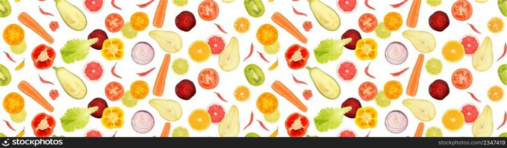 Seamless texture. Pattern of cut fresh fruits and vegetables. Lemons, oranges, carrots, pears, beets, kiwi, salad, pepper isolated on white background.