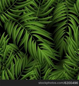 Seamless tropical jungle floral pattern with palm fronds. illustration.. Seamless tropical jungle floral pattern with palm fronds. illustration. Green Palm leaves pattern on black background