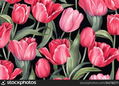 Seamless tulip floral pattern. Generative AI.
