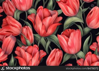 Seamless tulip floral pattern. Generative AI.