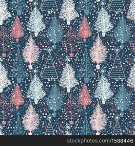 Seamless Vector Christmas pattern with Christmas abstract trees and snow on blue.. Seamless Vector Christmas pattern with Christmas abstract trees and snow on blue. Vector illustration perfect for greeting card backgrounds, giftwrapping, packaging or fabrics.