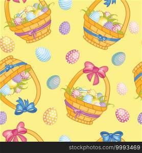 Seamless vector pattern with Easter concept. Cute cartoon baskets with easter eggs. Colorful illustration isolated on yellow background. For print, t-shirt, design, wallpaper, decor, textile, linen. Seamless pattern with cartoon basket with easter eggs