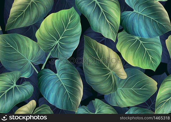 Seamless vector pattern with exotic tropical plants in modern style. Trendy jungle colorful palm background design. Nature textile fashion wallpaper print.