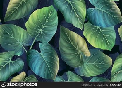 Seamless vector pattern with exotic tropical plants in modern style. Trendy jungle colorful palm background design. Nature textile fashion wallpaper print.