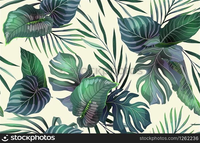 Seamless vector pattern with exotic tropical plants in modern style. Trendy jungle background design. Nature textile fashion wallpaper print.