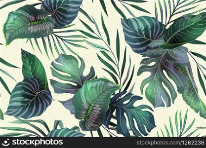 Seamless vector pattern with exotic tropical plants in modern style. Trendy jungle background design. Nature textile fashion wallpaper print.
