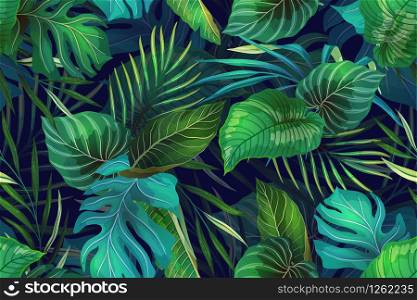 Seamless vector pattern with exotic tropical plants in modern style. Trendy jungle colorful background design. Nature textile fashion wallpaper print.