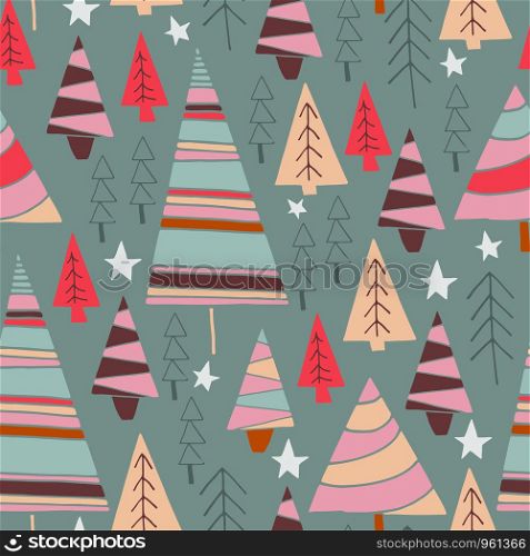 seamless vector repeat pattern of hand-drawn festive woodland trees and stars