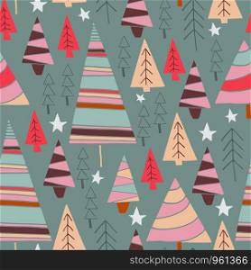seamless vector repeat pattern of hand-drawn festive woodland trees and stars