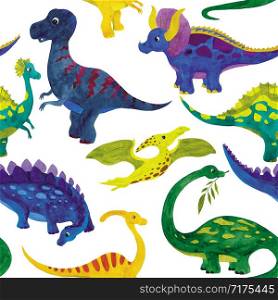 Seamless watercolor illustration of dinosaurs on a white background.