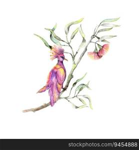 Seamless watercolor illustration with hand drawn pink birds on eucalyptus twigs with flower. Botany eucaliptus with flowers and pink birds. Watercolor illustraion.