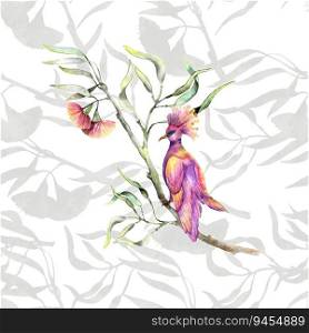 Seamless watercolor illustration with hand drawn pink birds on eucalyptus twigs with flower. Botany eucaliptus with flowers and pink birds. Watercolor illustraion.