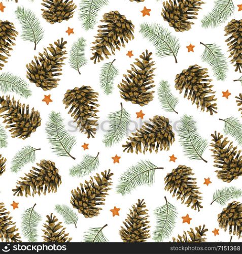 Seamless watercolor pattern New Year?s forest. Pine branches and cones, orange stars. For printing on fabric, bedding, stationery, curtains.