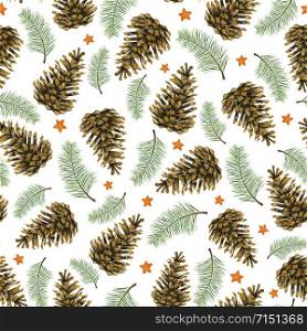 Seamless watercolor pattern New Year?s forest. Pine branches and cones, orange stars. For printing on fabric, bedding, stationery, curtains.