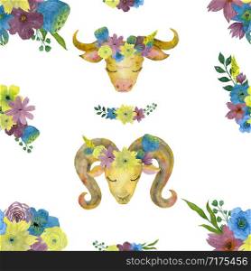Seamless watercolor pattern with cow and bull in flower wreaths