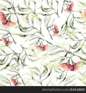 Seamless watercolor pattern with hand drawn pink birds on eucalyptus twigs with flower. Botany eucaliptus with flowers and pink birds. Seamless pattern watercolor illustraion.