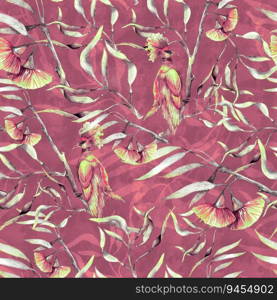 Seamless watercolor pattern with hand drawn pink birds on eucalyptus twigs with flower. Botany eucaliptus with flowers and pink birds. Seamless pattern watercolor illustraion.