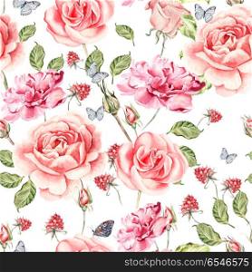 Seamless watercolor pattern with roses, anemones and peony. Rasp. Seamless watercolor pattern with roses, anemones and peony. Raspberry and leaves.. Seamless watercolor pattern with roses, anemones and peony. Raspberry and leaves. Illustration.