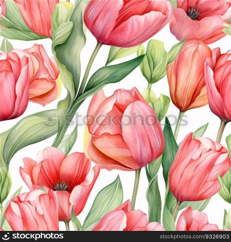 Seamless watercolor pattern with tulips. Floral pattern for wallpaper or fabric. Flower tulip. Generative AI