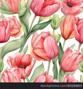 Seamless watercolor pattern with tulips. Floral pattern for wallpaper or fabric. Flower tulip. Generative AI