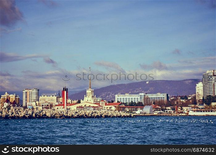 Seaport building at sunset in Sochi, Russia