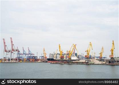 seaport where large cranes are loaded containers on cargo ships