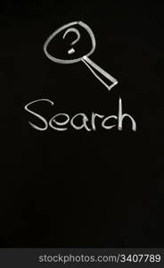 Search button with a magnifying glass on blackboard