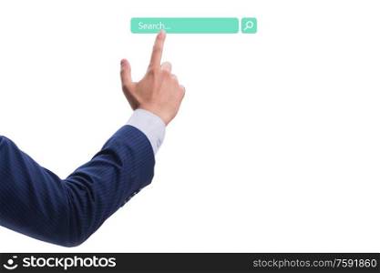 Search concept with the businessman pressing button. Search concept with businessman pressing button