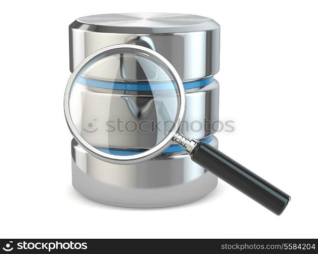 Search data. Database and loupe on white isolated background. 3d
