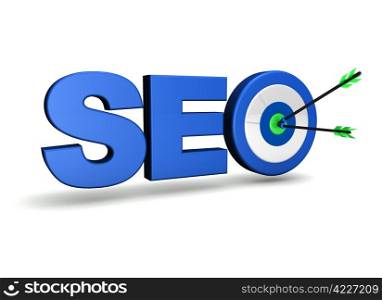 Search engine optimization concept with target and two arrows on green centre. On white background.