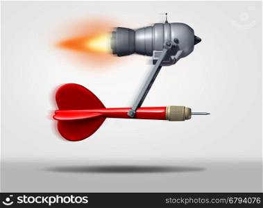 Search engine optimization or seo symbol as a red dart powered by a flying power motor as a technology icon for faster internet service searching and optimized targeted online marketing as a 3D illustration.