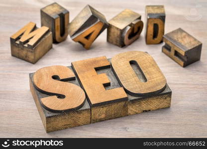 search engine optimization (SEO) - acronym in vintage letterpress wood type printing blocks on grained wood background