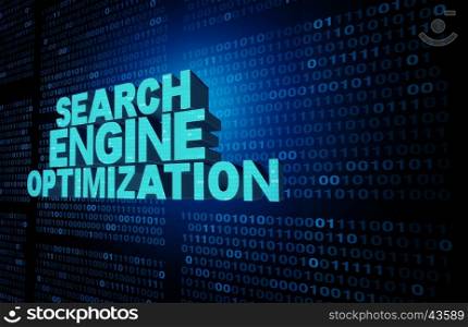 Search engine optimization symbol and seo technology background as text representing an internet data searching solution concept on a data background of binary code as a website software icon as a 3D illustration.