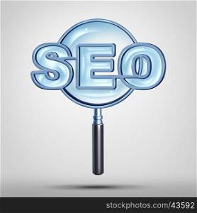 Search engine optimization technology or seo icon as a magnifying glass or loup shaped as text representing an internet data searching solution concept as a 3D illustration.