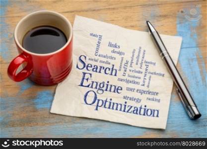 search engine optimization word cloud - handwriting on a napkin with a cup of espresso coffee