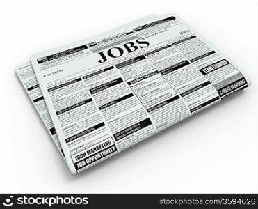 Search job. Newspaper with advertisments on white isolated background. 3d