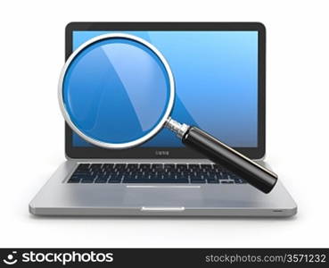 Search. Laptop and loupe in white background. 3d