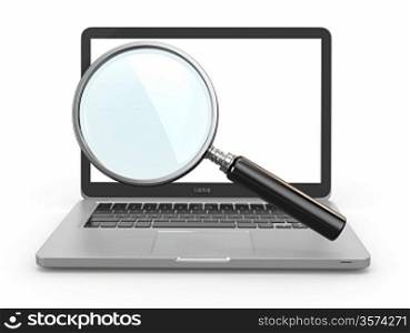 Search. Laptop and loupe in white background. 3d