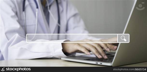 Searching browsing internet bar on Asian woman doctor is online visiting with a patient background, Concept of Searching Browsing Internet Data Information Networking for medical and healthcare