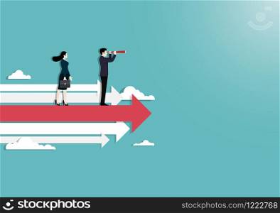 Searching for opportunities. Business couple standing on arrows, Symbol of success, Vision, Growth, Leadership, Achievement, Eps10 vector illustration