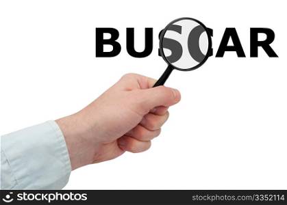 Searching - Man&rsquo;s Hand Holding Magnifying Glass and Search / Buscar Sign - Spanish Version