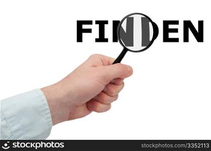 Searching - Man&rsquo;s Hand Holding Magnifying Glass and Search / Finden Sign - German Version