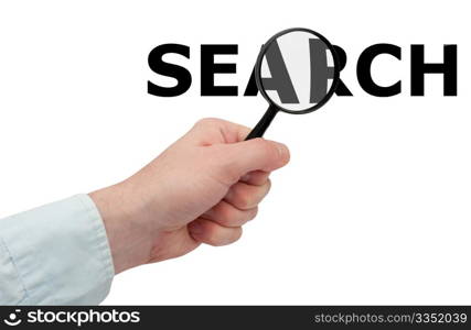 Searching - Man&rsquo;s Hand Holding Magnifying Glass and Search Sign