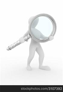 Searching. Men with loupe on white isolated background. 3d