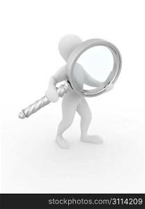 Searching. Men with loupe on white isolated background. 3d