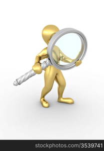 Searching. Men with loupe on white isolated background. 3d