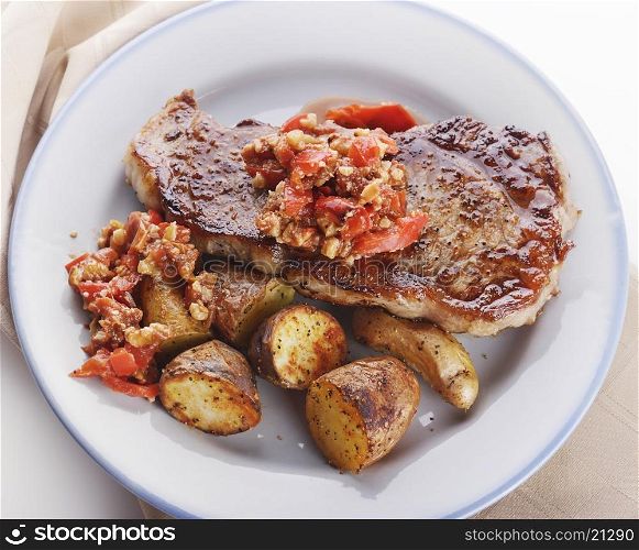 Seared Loin Steak with Fingerling Potatoes and Romesco Sauce