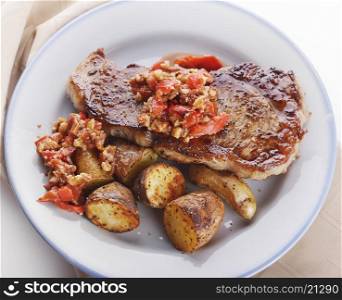 Seared Loin Steak with Fingerling Potatoes and Romesco Sauce
