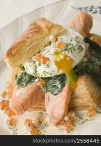 Seared Salmon Spinach and a Poached Egg in a Vol au Vent Case with a Dill and Keta Caviar Sauce